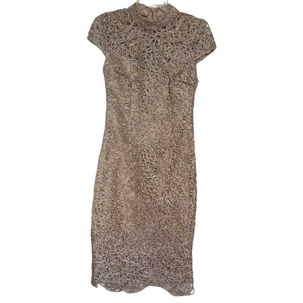 Premier Amour Gold Beaded Lace Midi Dress